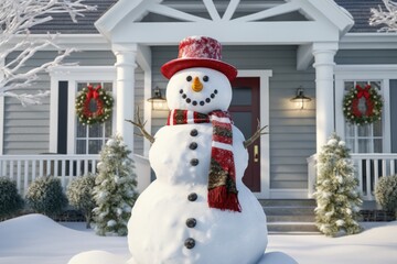 Poster - A snowman wearing a red hat and scarf standing in front of a house. This image can be used to depict winter, holidays, and festive decorations.