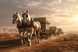 Fototapeta  - A picturesque scene of two horses pulling a covered wagon along a dirt road. Perfect for depicting old-fashioned transportation or rural landscapes.