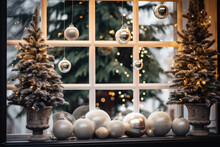 Christmas Window Decorations To Spread Holiday Cheer. Christmas Lights And Decorations Hanging On Window Inside House, Hotel, Restaurant, Bar, Store