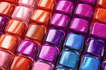 Sticker - A close-up view of various nail polishes in different vibrant colors. This image can be used to showcase a wide range of nail polish options and trends.