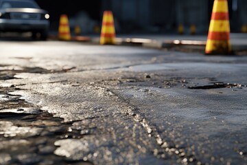 A car is seen driving down a street surrounded by traffic cones. This image can be used to depict road construction or traffic safety.