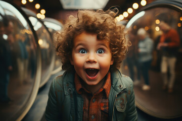 A child making funny faces in front of a mirror, exploring the joy of self-amusement. Concept of childhood fun. Generative Ai.