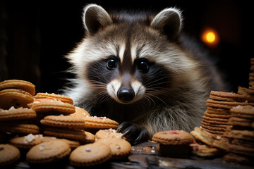 Wall Mural - A mischievous raccoon caught stealing cookies, showcasing its cheeky antics. Concept of animal mischief. Generative Ai.