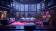 An immersive perspective of a studio room's interior, elegantly illuminated by neon lights, accentuating its lavish design and architectural beauty