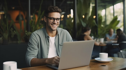 Man working on laptop, freelancer with computer in cafe at table, man in glasses smiling looking in camera