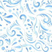 Blue Flowers And Swirl Decorative Seamless Pattern Hand Painted Watercolor. Decorative Element For Textile, Fabric, Wallpaper, Home Decor, Kitchen And More. Monochrome In Indigo, Blue, Cobalt