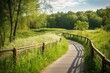 A beautiful bike path meandering through a green landscape, encouraging eco-friendly and responsible tourism. Generative AI