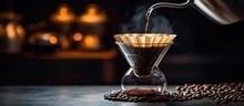 Alternative Pouring Method Of Water Over Filtered Roasted And Ground Coffee Beans For Brewing Drip Filter Coffee With Copyspace For Text