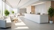 A modern clinic with clean design, light gray and white walls, pops of color, stylish furniture, glass top reception desk, comfortable seating, and a bright, spacious, and calming waiting area