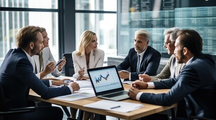 Group of business professionals in a modern office, discussing stock market trends and finance. Collaboration, teamwork, and analysis are key as they strategize for investment success and growth