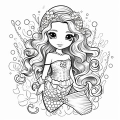 Sticker - children's illustration of a mermaid, coloring, line, drawing
