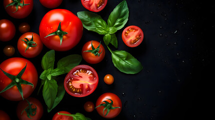 Wall Mural - Fresh tomatoes and basil - food pattern. Cooking background