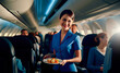 © Gabriel - a smiling flight attendant, on a commercial flight, serving catering to passengers