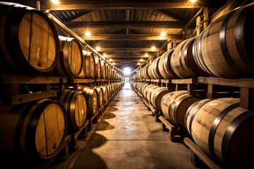 Storage of alcoholic beverages in oak barrels. Generative AI