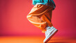 © dinastya - Creative modern hip hop dance banner template for adults, cropped image of dancing person on flat red background with copy space.