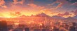 Beautiful anime-style illustration of a city skyline at golden hour
