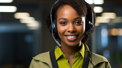 Female call center or consultant employee smiling with headset on, portrait inside corporate office building