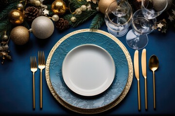 top view of elegant and festive christmas table setting with xmas decoration and ornaments. flat lay