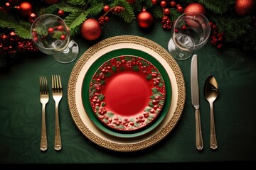 Wall Mural - Top view of elegant and festive christmas table setting with xmas decoration and ornaments. Flat lay, mockup