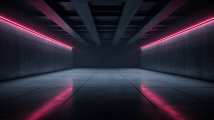 Wall Mural - 3d rendering of dark abstract sci-fi tunnel, Futuristic spaceship corridor. background banner or header