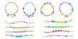 Set funky acid plastic beads bracelets with letters and other colorful elements in y2k style. Happy, friends, love, lucky. Flat cartoon vector illustration. DIY hand made concept. Kidcore jewelry