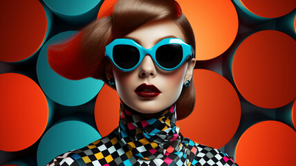 Poster - Fashion retro futuristic girl wearing sunglasses. Futuristic pop art retro fashion woman with geometric pattern background