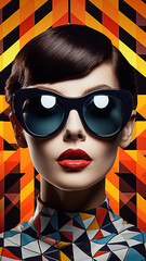 Poster - Fashion retro futuristic girl wearing sunglasses. Futuristic pop art retro fashion woman with geometric pattern background