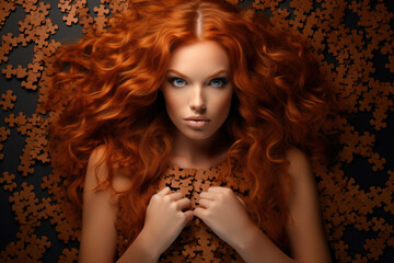 Wall Mural - Redhead girl with long and shiny wavy red hair. Beautiful model with curly hairstyle