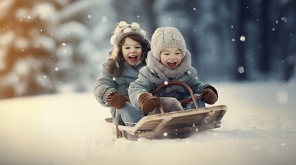 Two children having fun on a sled during a sunny winter day in the snow. Generated with ai.