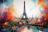 Fototapeta Paryż - Colorful abstract painting depicting the Eiffel Tower in Paris cityscape. Generative AI