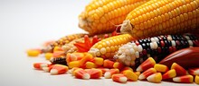 Close Up Of Corn In Indian And Candy Varieties With Copyspace For Text