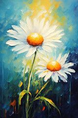 Wall Mural - White Chamomile Flowers Brush Strokes Acrylic Painting. Canvas Texture.