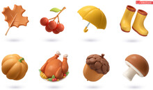 Autumn Set Of Simple Objects. 3d Vector Cartoon Icon
