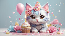 Cute Cat With Birthday Cake And Colorful Background