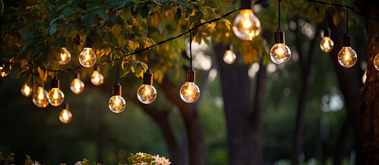 Poster - Electric garland of warm light bulbs illuminating tree branches in a dark outdoor park scene With copyspace for text