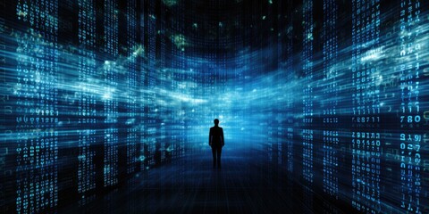Blue computer binary data on a screen concept art. Software technology communication through the metaverse. Network connection in the matrix.