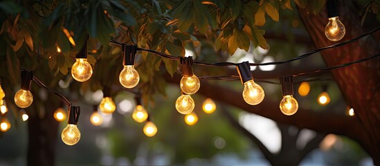 Wall Mural - Nighttime party decorations in backyard garden with light bulbs and festive decor closeup details No people present With copyspace for text