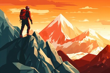 Canvas Print - Graphic cartoon poster of a man hiking on the top of a mountain peak