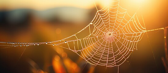 The Kite Spider web s radial symmetry is captured in morning sunlight as the arachnid creates a new masterpiece daily With copyspace for text