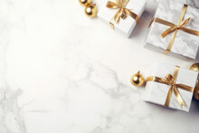 Top view of white christmas gift box with golden ribbon. Space for text.