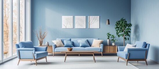 Poster - Blue sofa wooden table white armchairs in living room near window With copyspace for text