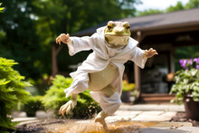 A Frog Is Dressed In A Kimono And Is Practicing In The Courtyard Of A Zen House, Painting Style, Animal Memes, Humorous, Funny