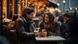 couple sitting in cafe during winter with snow falling, enjoying a cozy moment at a snow-dusted outdoor café, their laughter and connection lighting up the wintry scene, with golden bokeh lights