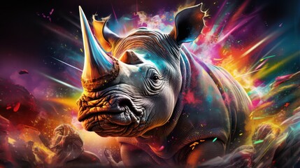 Wall Mural - Illustration of Rhino in Neon Color Scheme