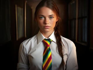 Wall Mural - a girl in a white shirt and rainbow tie