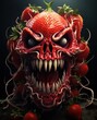 a red skull with white teeth and sharp teeth surrounded by strawberries