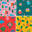 Christmas set of seamless patterns, hand drawn style - cute objects, socks, candy cane, holly berry, Santa Claus and other elements.