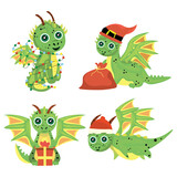 Fototapeta Dinusie - Collage of cute New Year dragon on white background