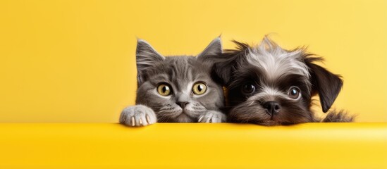 Sticker - Cute kitten and dog fluffy cat and puppy emerging from hole on vibrant background Wide horizontal wallpaper or web banner