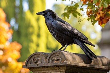 Wall Mural - a black bird sitting on a stone pillar